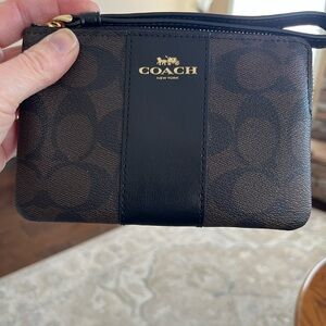 Coach Signature Canvas and Leather Wristlet with Corner Zip Gold, Walnut, Black